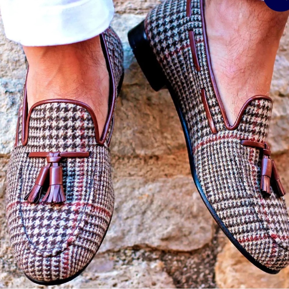 Tweed Tassel Loafers in Brown Plaid - Men's Slip-On Dress Loafers